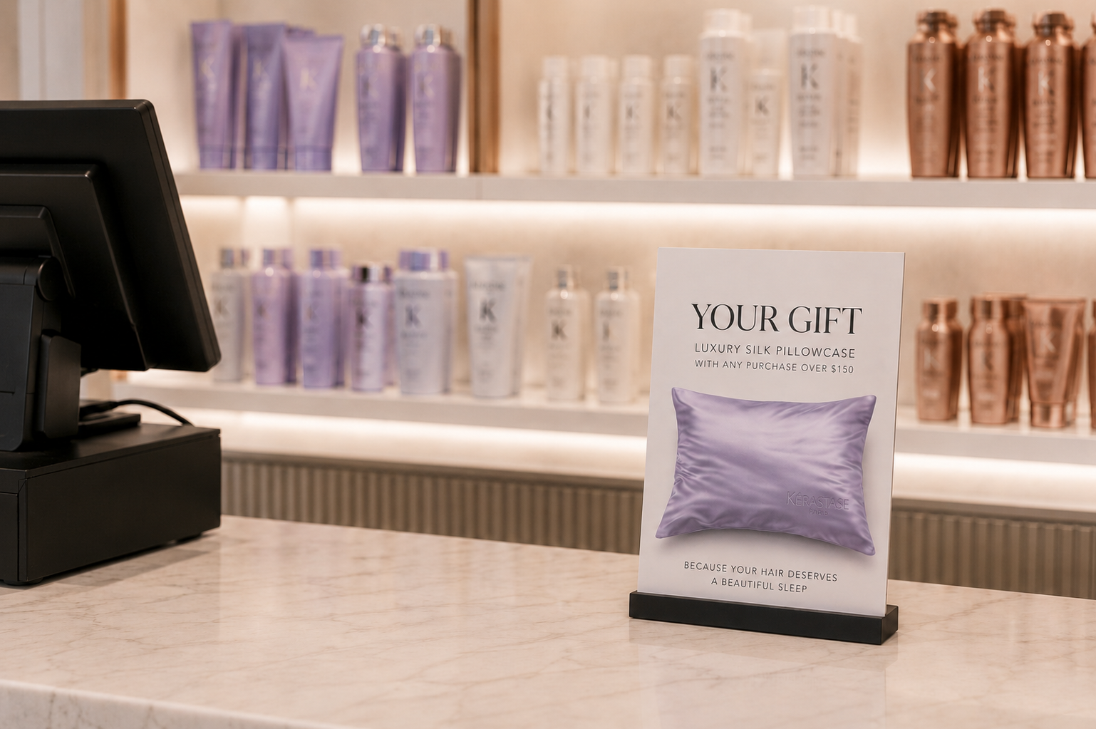 Kérastase GWP silk pillowcase activation at premium salon retail counter