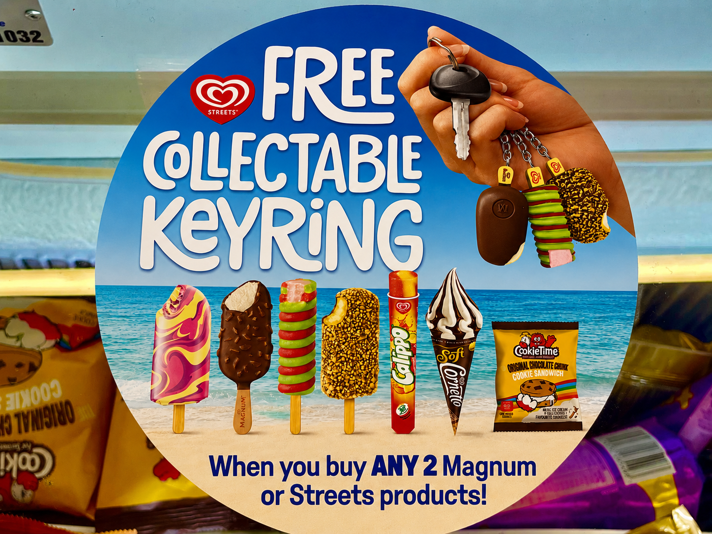 Streets Ice Cream keychain display — retail freezer activation